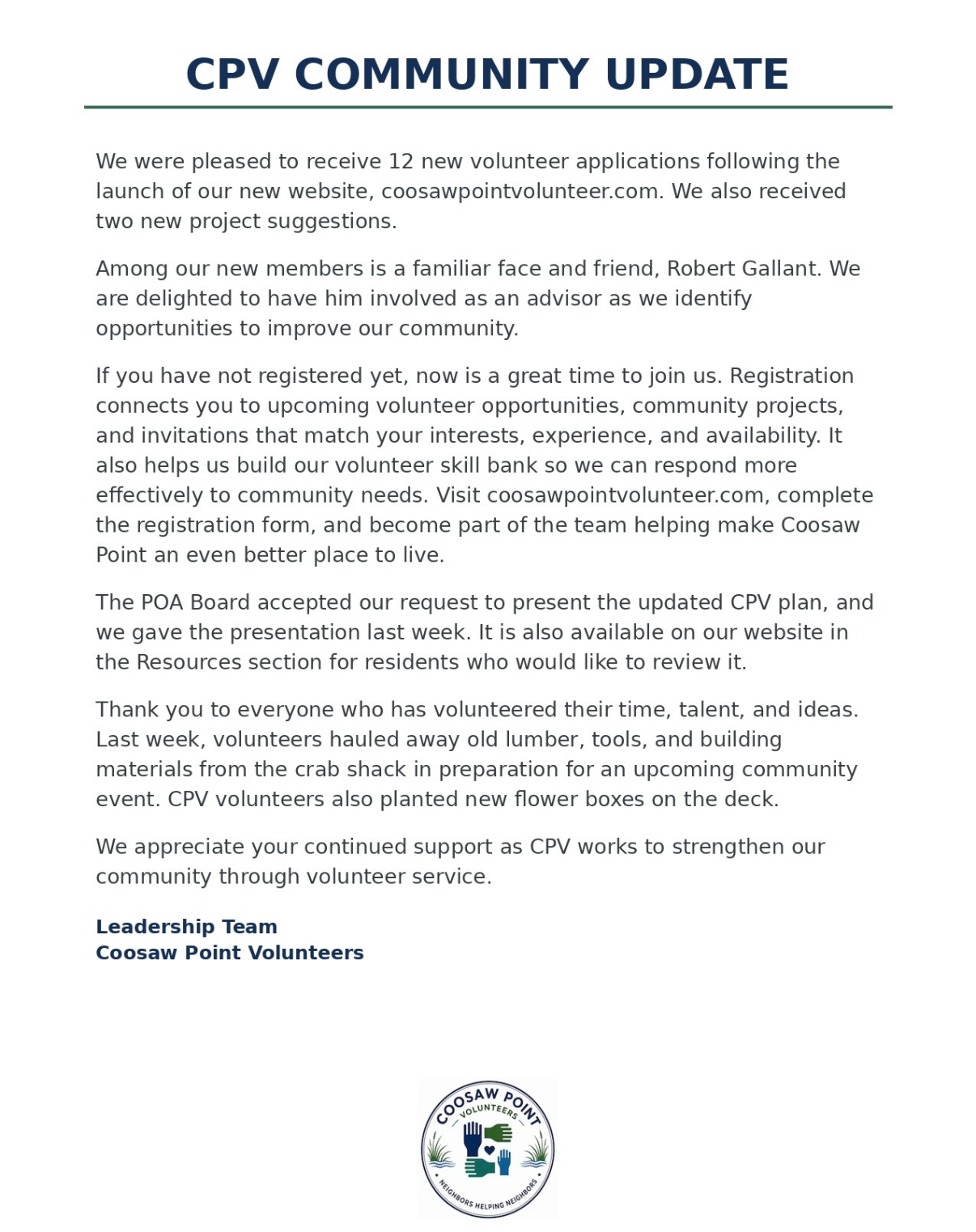 CPV Community Update with volunteer news, community project updates, registration information, and leadership attribution