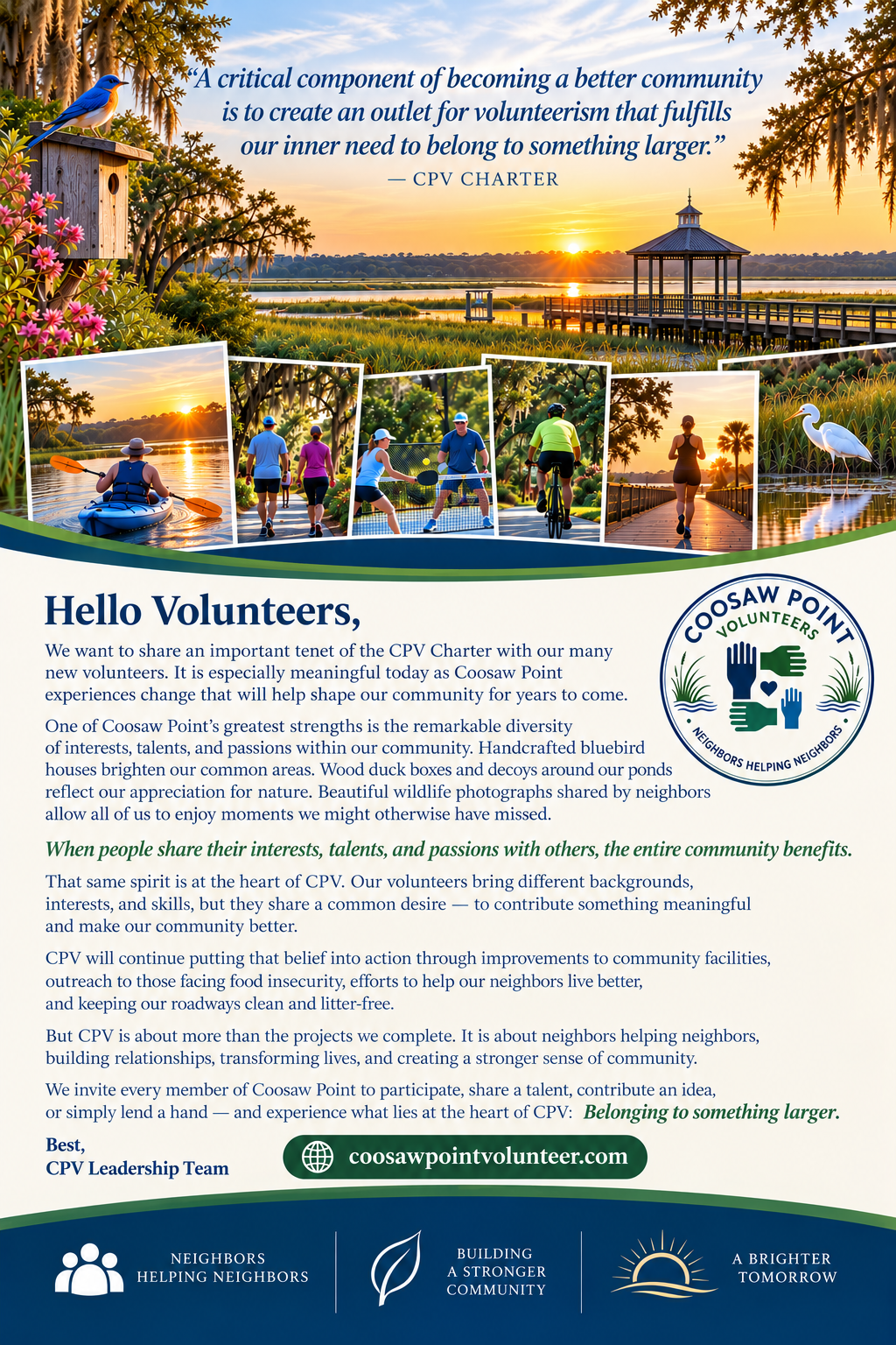 CPV community letter — Hello Volunteers — featuring the CPV Charter quote, volunteer testimonials, and a message from the CPV Leadership Team about belonging to something larger
